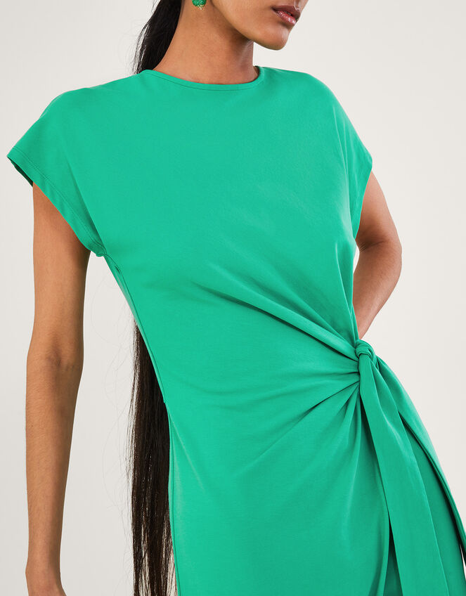 Short Sleeve Side Knot Midi Jersey Dress with Sustainable Cotton, Green (GREEN), large