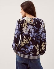 Nicolette Floral Linen Blend Top, Blue (NAVY), large