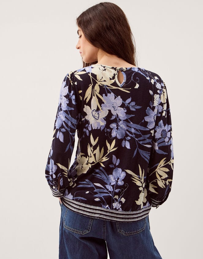 Nicolette Floral Linen Blend Top, Blue (NAVY), large