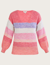 Stripe V Neck Jumper with Recycled Polyester, Orange (PEACH), large