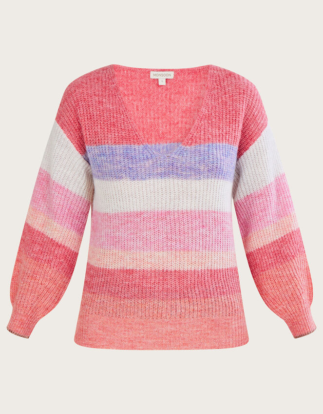 Stripe V Neck Jumper with Recycled Polyester, Orange (PEACH), large