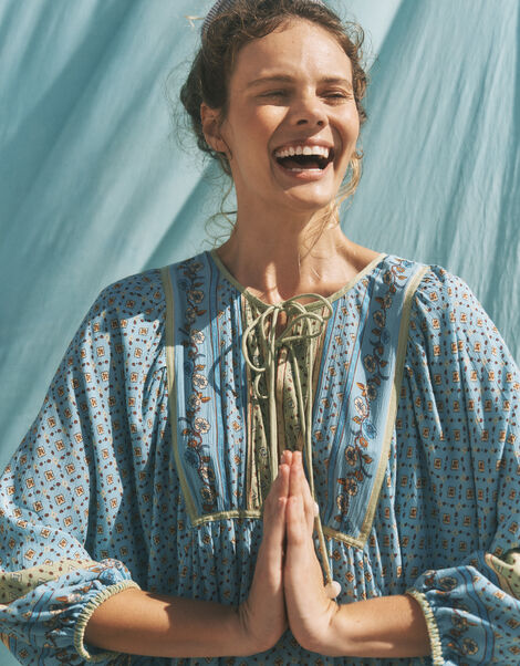 Millie Long Sleeve Print Midi Dress, Blue (PALE BLUE), large