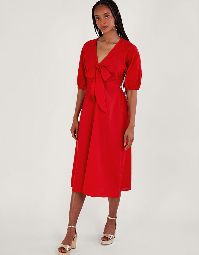 Inez Plain Tie Front Midi Dress, Red (RED), large