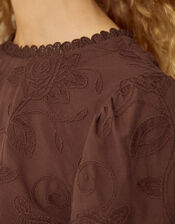 Sabine Floral Embroidered Top, Brown (BROWN), large