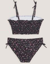 Ditsy Floral Smocked Bikini Set, Black (BLACK), large