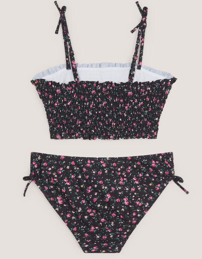 Ditsy Floral Smocked Bikini Set, Black (BLACK), large