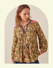 East Ikat Print Tassel Blouse, Green (GREEN), large