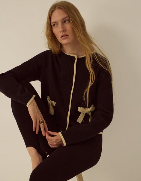 Monsoon x Queens of Archive Paris Round Neck Bow Contrast Cardigan​, Black (BLACK), large