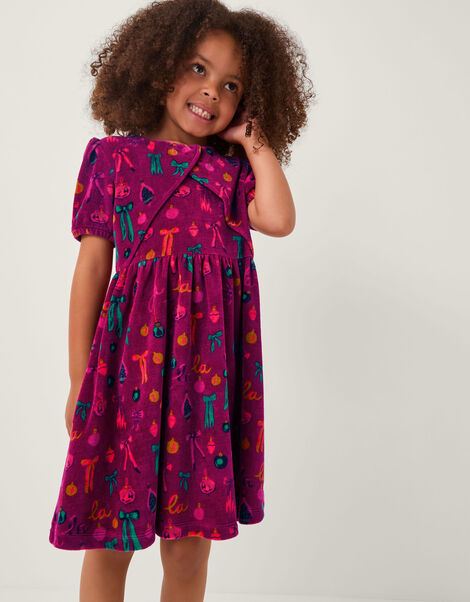 Bow Velour Christmas Dress, Red (BURGUNDY), large