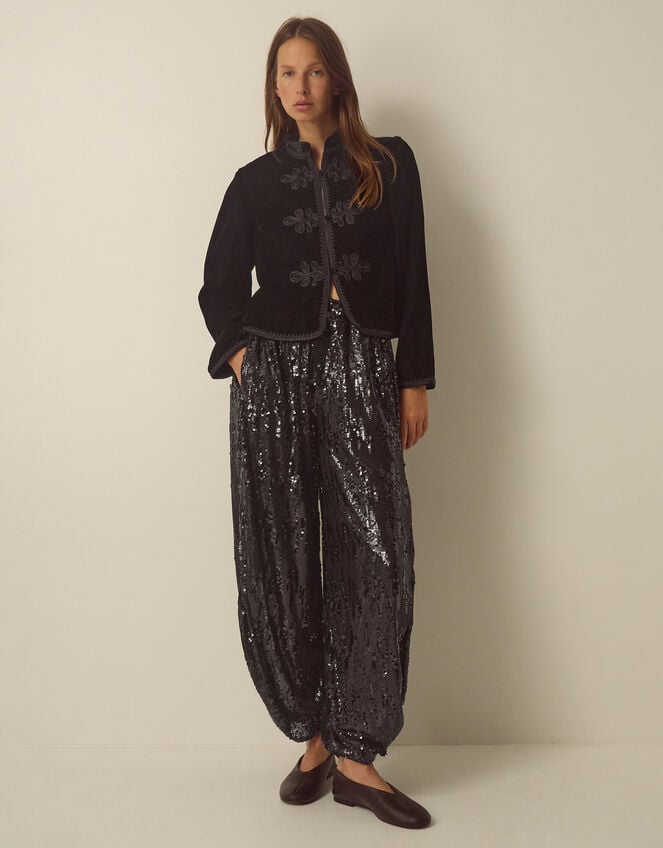 Viola Beaded Frogging Velvet Jacket, Black (BLACK), large