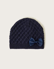 Bow Detail Beanie Hat, Blue (NAVY), large