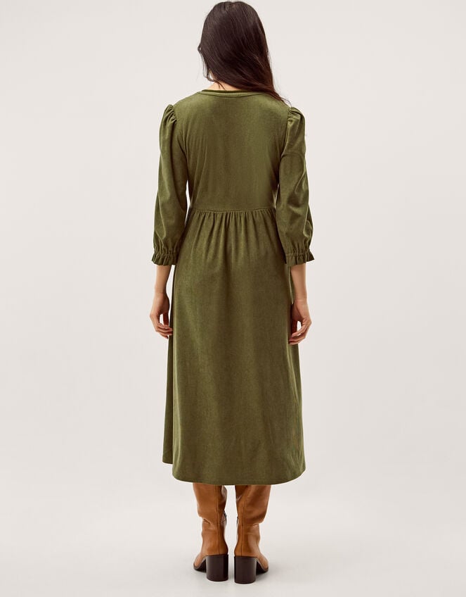 Sara Smocked Corduroy Midi Dress, Green (KHAKI), large