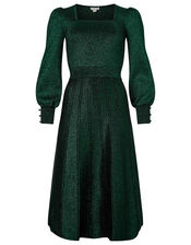 Square Neck Metallic Knit Dress, Green (GREEN), large
