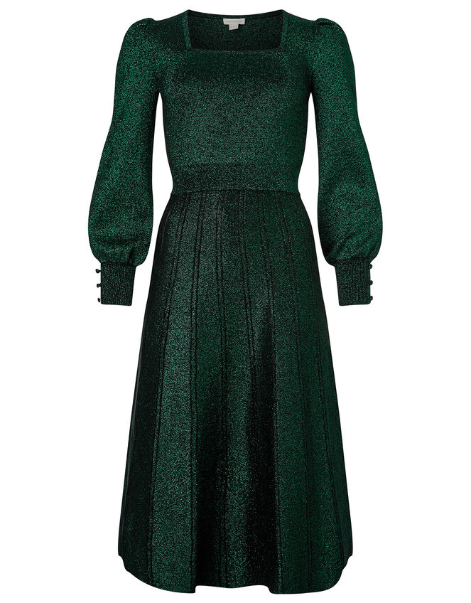 Square Neck Metallic Knit Dress, Green (GREEN), large