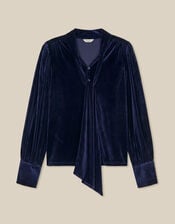 Tessa Neck Tie Velvet Shirt, Blue (MIDNIGHT), large