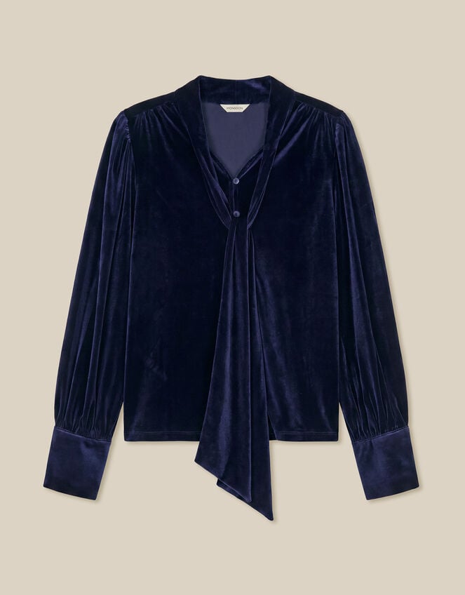 Tessa Neck Tie Velvet Shirt, Blue (MIDNIGHT), large