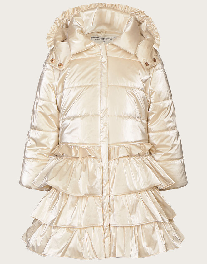 Metallic Ruffle Tiered Padded Coat, Natural (CHAMPAGNE), large