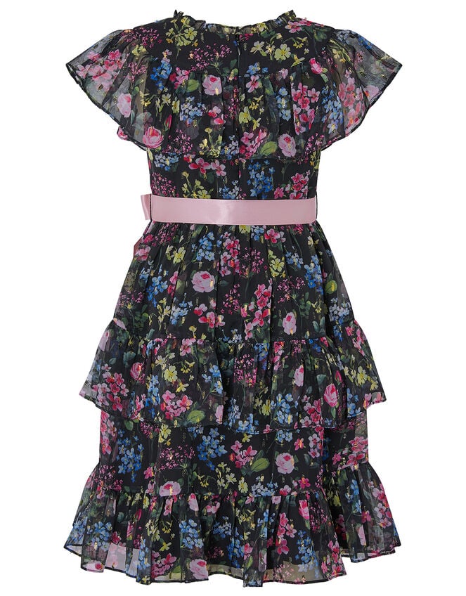 Botanical Print Chiffon Dress, Black (BLACK), large