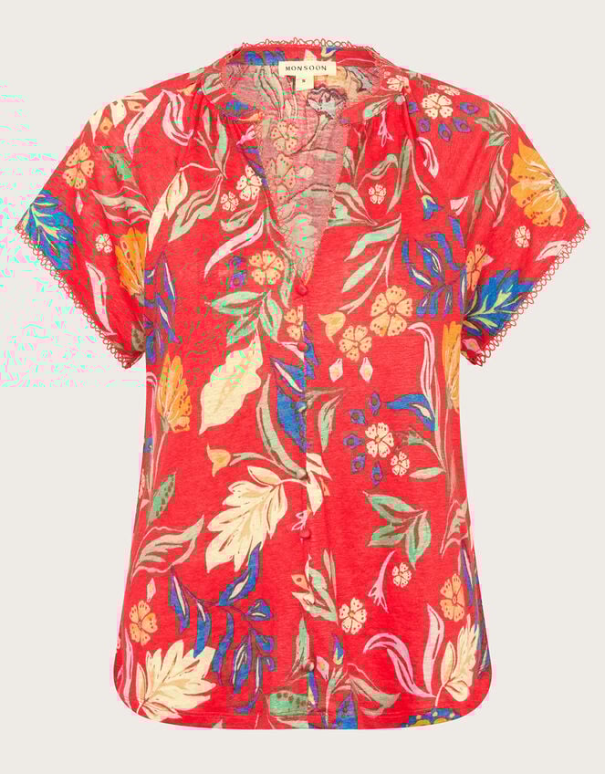 Alma Print Linen T-Shirt, Red (RED), large