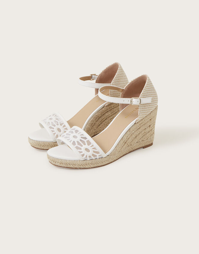 Cutwork Wedge Sandals, White (WHITE), large