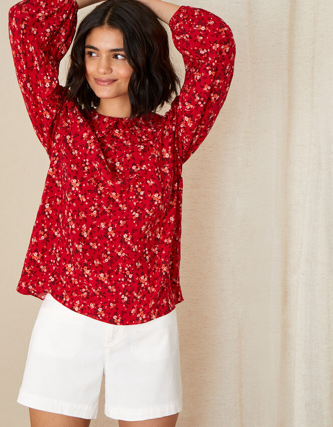 Frill Collar Ditsy Floral Blouse, Red (RED), large