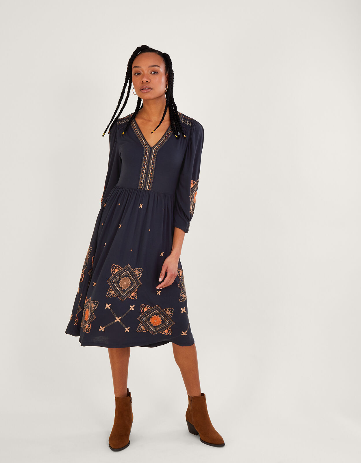 Embellished Puff Sleeve Midi Jersey Dress Blue Midi Dresses