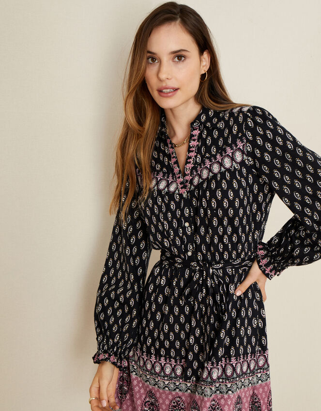 Heritage Print Short Shirt Dress, Black (BLACK), large