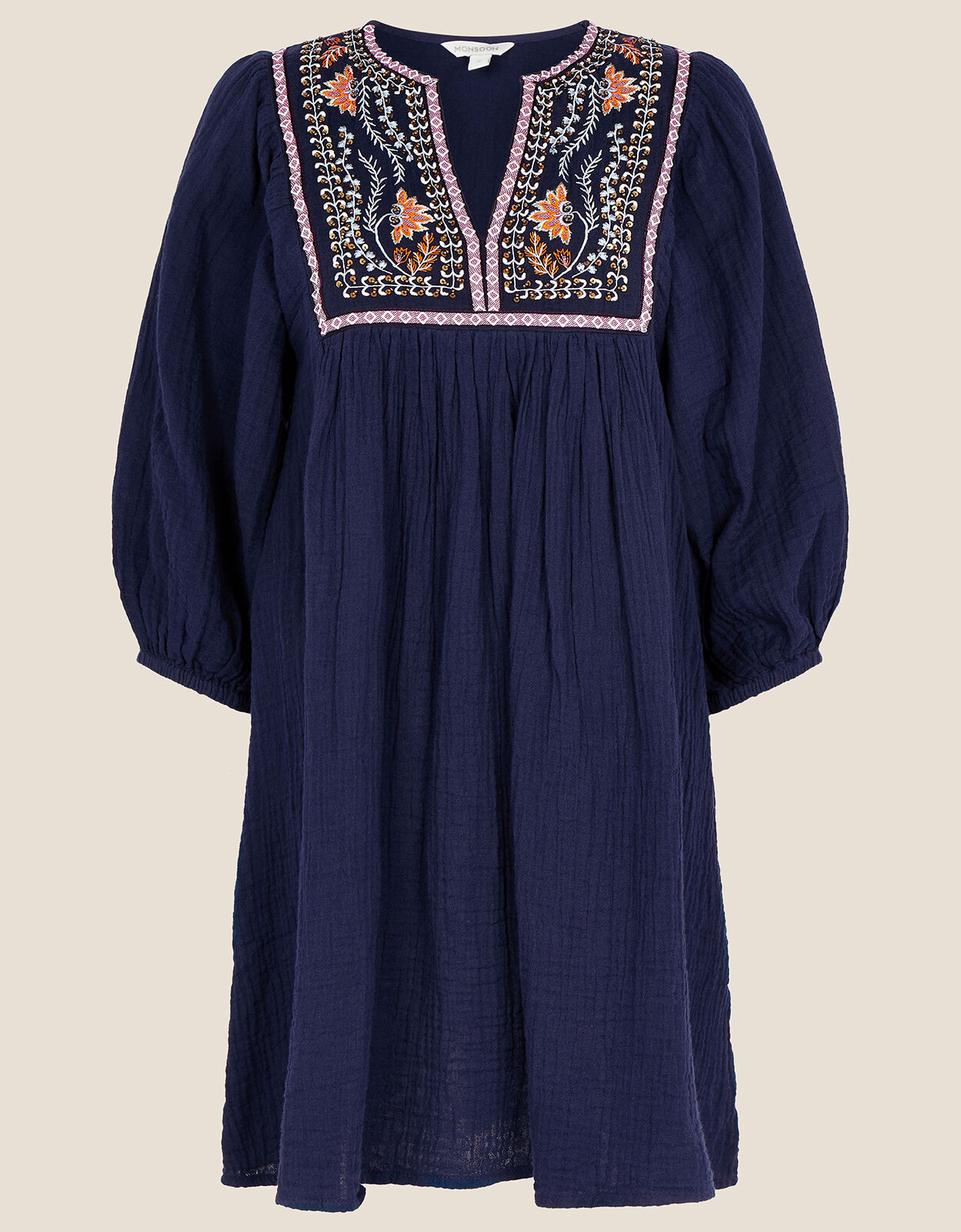 Double Faced Embellished Smock Dress in Sustainable Cotton Blue