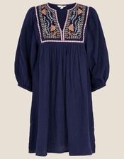 Double Faced Embellished Smock Dress in Sustainable Cotton, Blue (NAVY), large