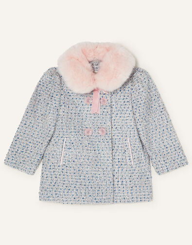 Baby Tweed Coat with Removable Fur Collar Blue, Blue (BLUE), large