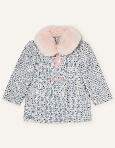 Baby Tweed Coat with Faux Fur Collar Blue, Blue (BLUE), large