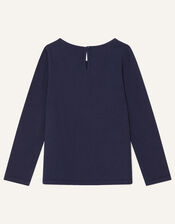 Gem Flower Neckline Top, Blue (NAVY), large