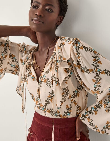 Cheryl Diamond Floral Print Blouse, Ivory (IVORY), large