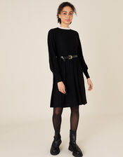 Woven Collar Knit Knee-Length Dress, Black (BLACK), large