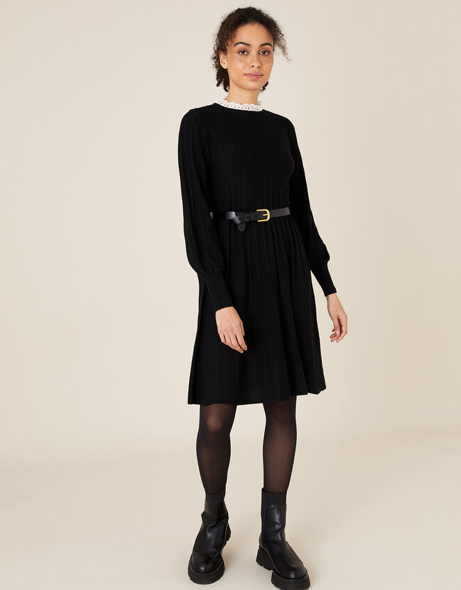 Woven Collar Knit Knee-Length Dress, Black (BLACK), large