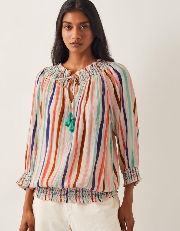 Sally Stripe Long Sleeve Top, White (WHITE), large