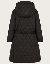 Quilted Belted Longline Coat with Hood, Black (BLACK), large