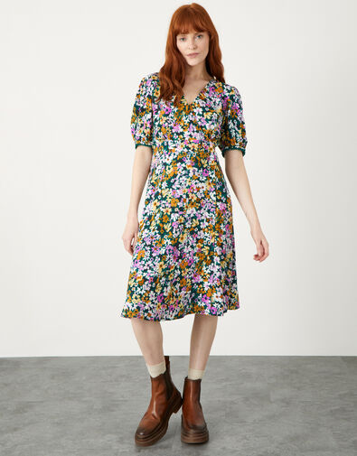 Floral Wrap Dress in Sustainable Viscose, Green (GREEN), large