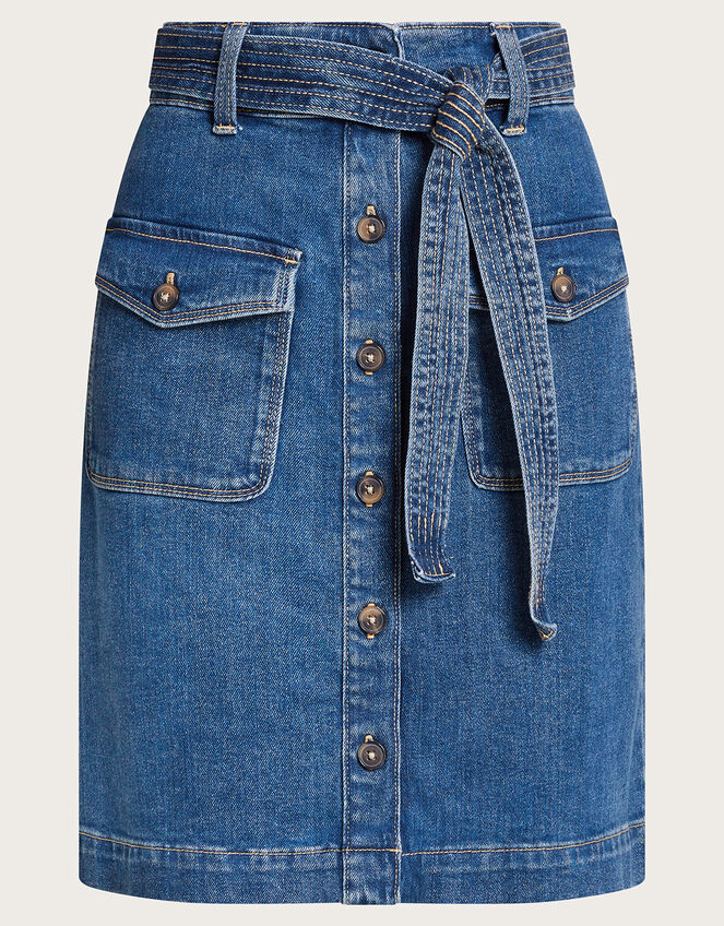 Denim Button Through Belted Skirt, Blue (INDIGO), large