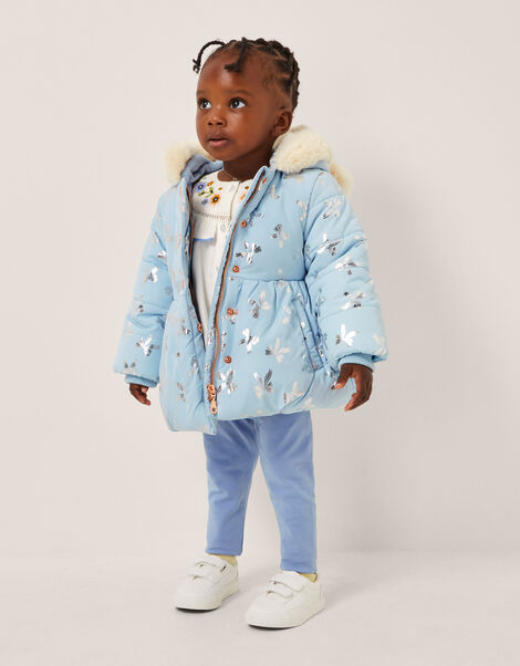 Baby Faux Fur Hooded Bow Coat, Blue (BLUE), large