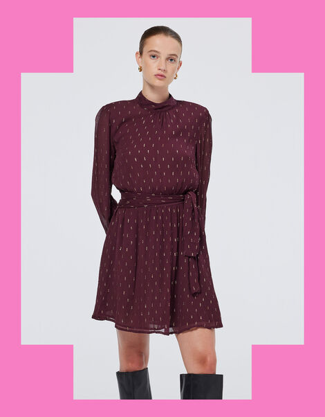 Scotch and Soda Metallic Tie Waist Mini Dress, Red (BURGUNDY), large