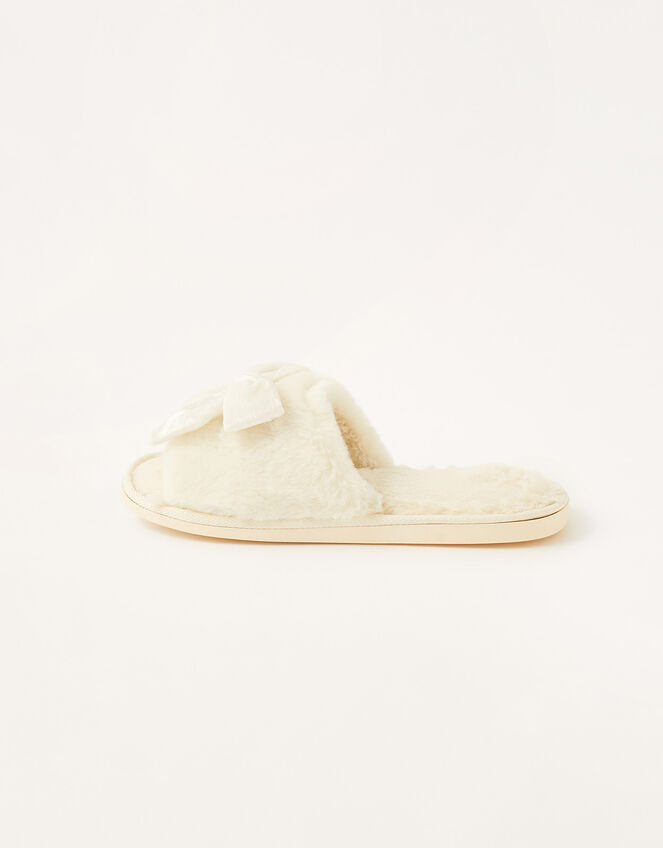 Velvet Bow Faux Fur Slippers, Ivory (IVORY), large