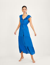 Frill Collar Plain Midi Dress in LENZING™ ECOVERO™, Blue (COBALT), large
