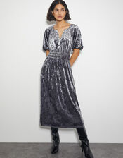 Valle Puff Sleeve Velvet Midi Dress, Grey (GREY), large