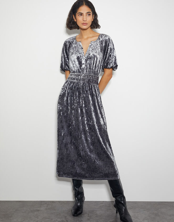 Valle Puff Sleeve Velvet Midi Dress, Grey (GREY), large