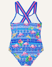Flamingo Print Stripe Strap Swimsuit, Blue (BLUE), large