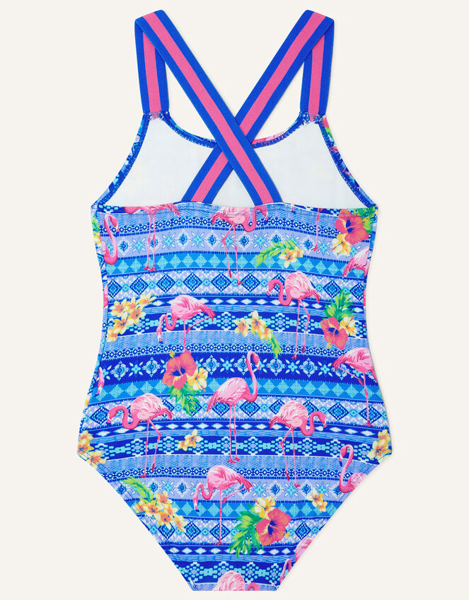 Flamingo Print Stripe Strap Swimsuit, Blue (BLUE), large