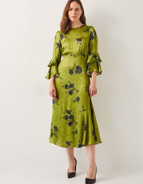 Pelia Satin Ruffle Midi Dress, Green (CHARTREUSE), large