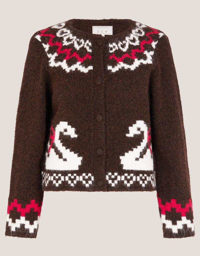 Monsoon x Sarah Corbett-Winder Swan Fair Isle Cardigan, Brown (CHOCOLATE), large