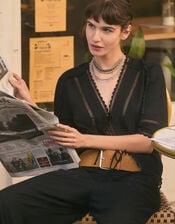 Hayley Embroidered Linen Blend Tie Top, Black (BLACK), large